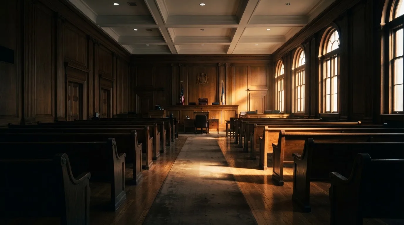 Sala de tribunal vazia com painéis de madeira, à luz da manhã — regras da roleta pt