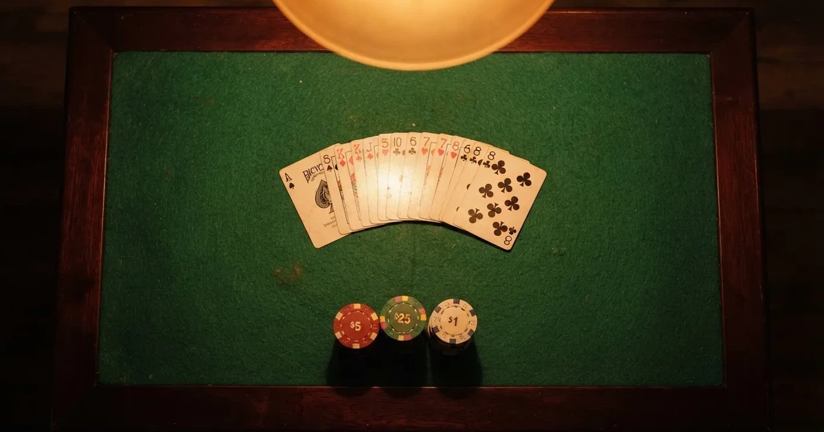 Mesa de jogo iluminada com cartas, vista de cima — regras da roleta pt