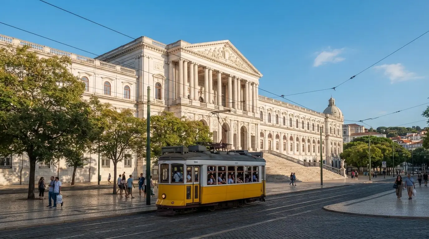 Edifício institucional de pedra com colunas junto a uma avenida lisboeta, céu limpo, elétrico amarelo ao longe, fotografia de rua.