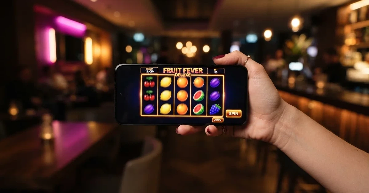 Rolos coloridos com símbolos de fruta em fundo desfocado e uma mão feminina junto a um telemóvel, ambiente moderno com luz de néon suave.