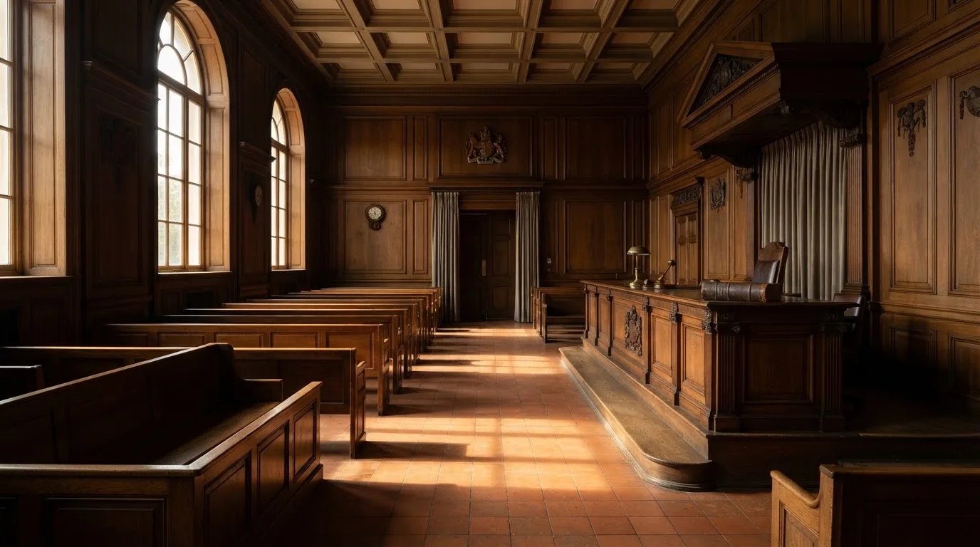 Sala de tribunal vazia com painéis de madeira, à luz da manhã — roleta americana em portugal
