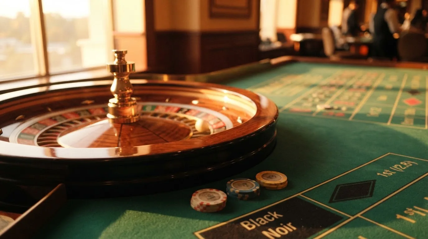 Roda de roleta e fichas sobre feltro verde, sob uma luz quente de fim de tarde — roleta casino em portugal