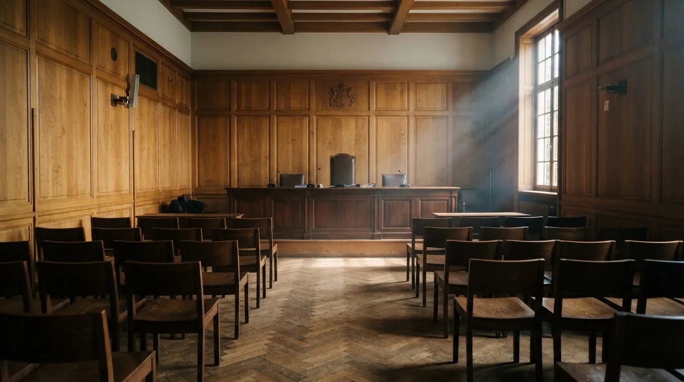 Sala de tribunal vazia com painéis de madeira, à luz da manhã — roleta demo para portugueses