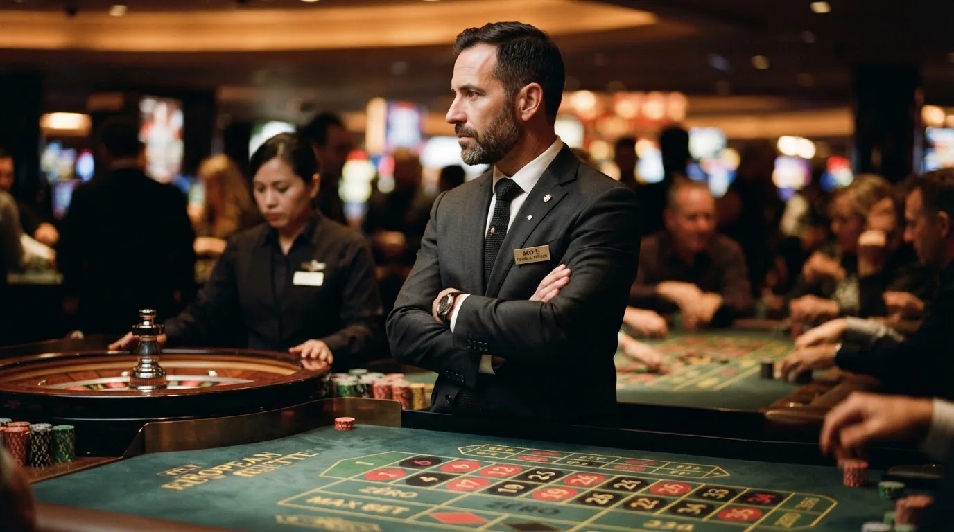 Fiscal de sala de casino de fato escuro a observar atentamente uma mesa de roleta, com jogadores desfocados ao fundo.