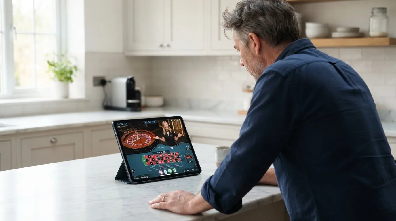 Jogador de meia-idade a ver uma transmissão de roleta num tablet, apoiado na bancada de uma cozinha moderna, com expressão atenta.