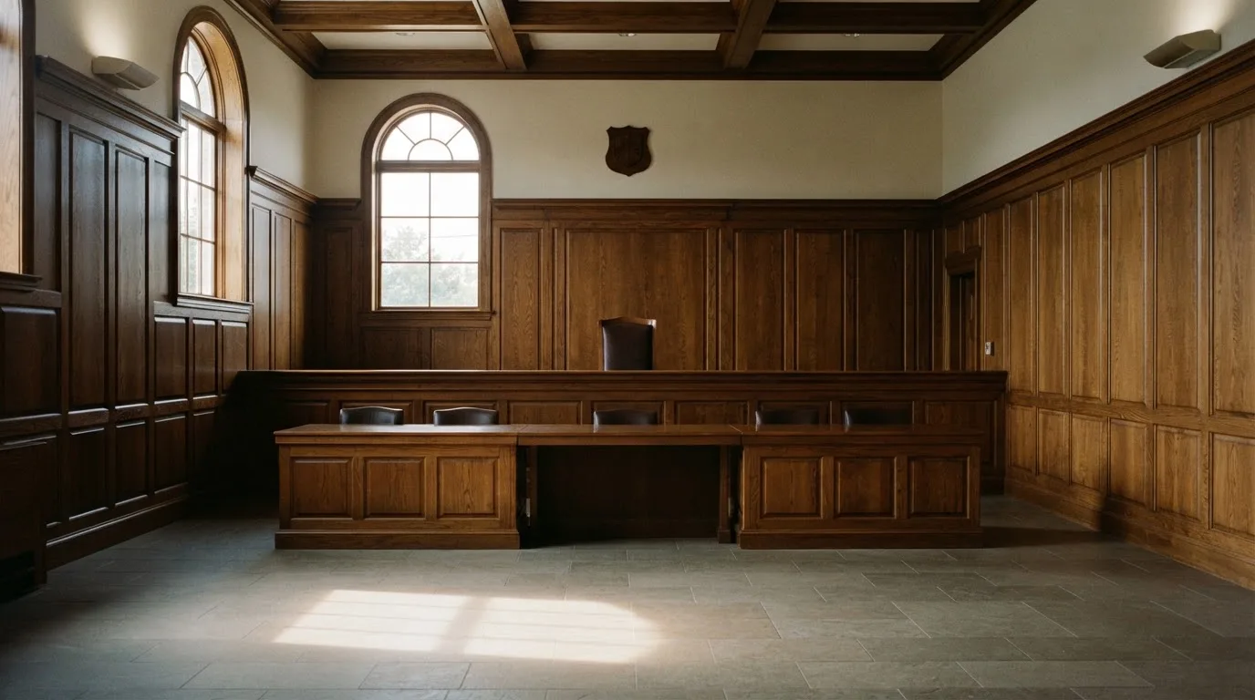 Sala de tribunal vazia com painéis de madeira, à luz da manhã — roleta francesa em portugal