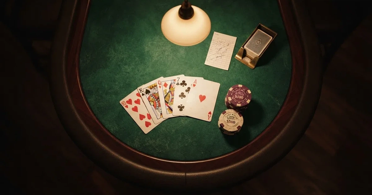 Mesa de jogo iluminada com cartas, vista de cima — roleta francesa em portugal