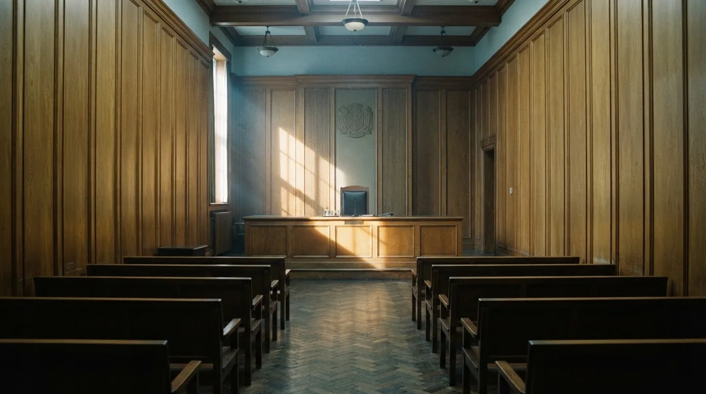 Sala de tribunal vazia com painéis de madeira, à luz da manhã — roleta grátis em portugal