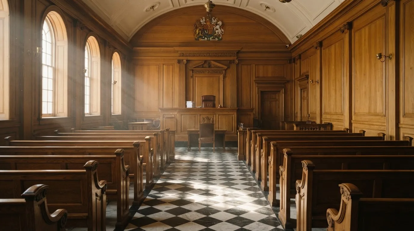 Sala de tribunal vazia com painéis de madeira, à luz da manhã — roleta online por dinheiro em portugal