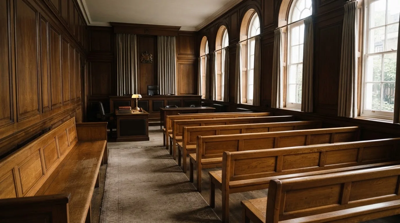 Sala de tribunal vazia com painéis de madeira, à luz da manhã — roleta virtual em portugal
