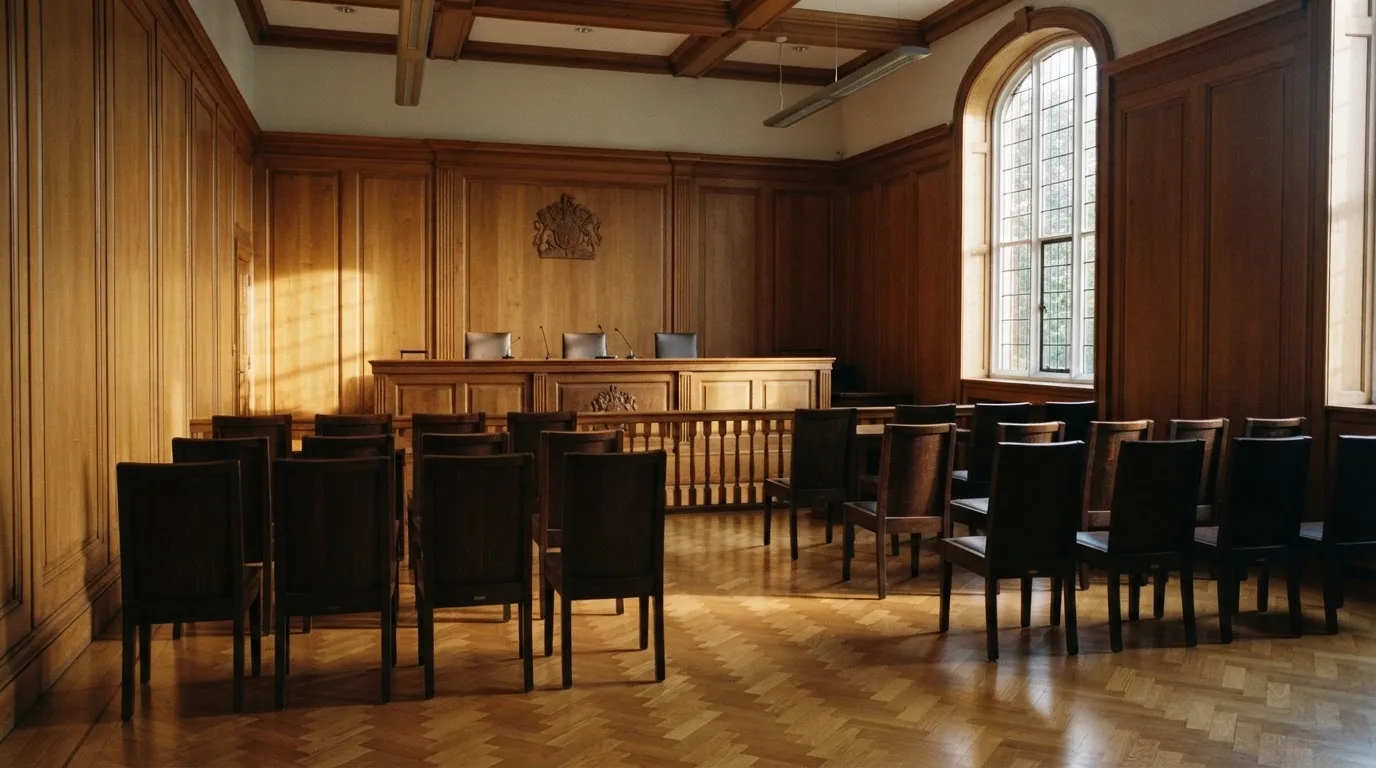 Sala de tribunal vazia com painéis de madeira, à luz da manhã — sites de casino para os portugueses