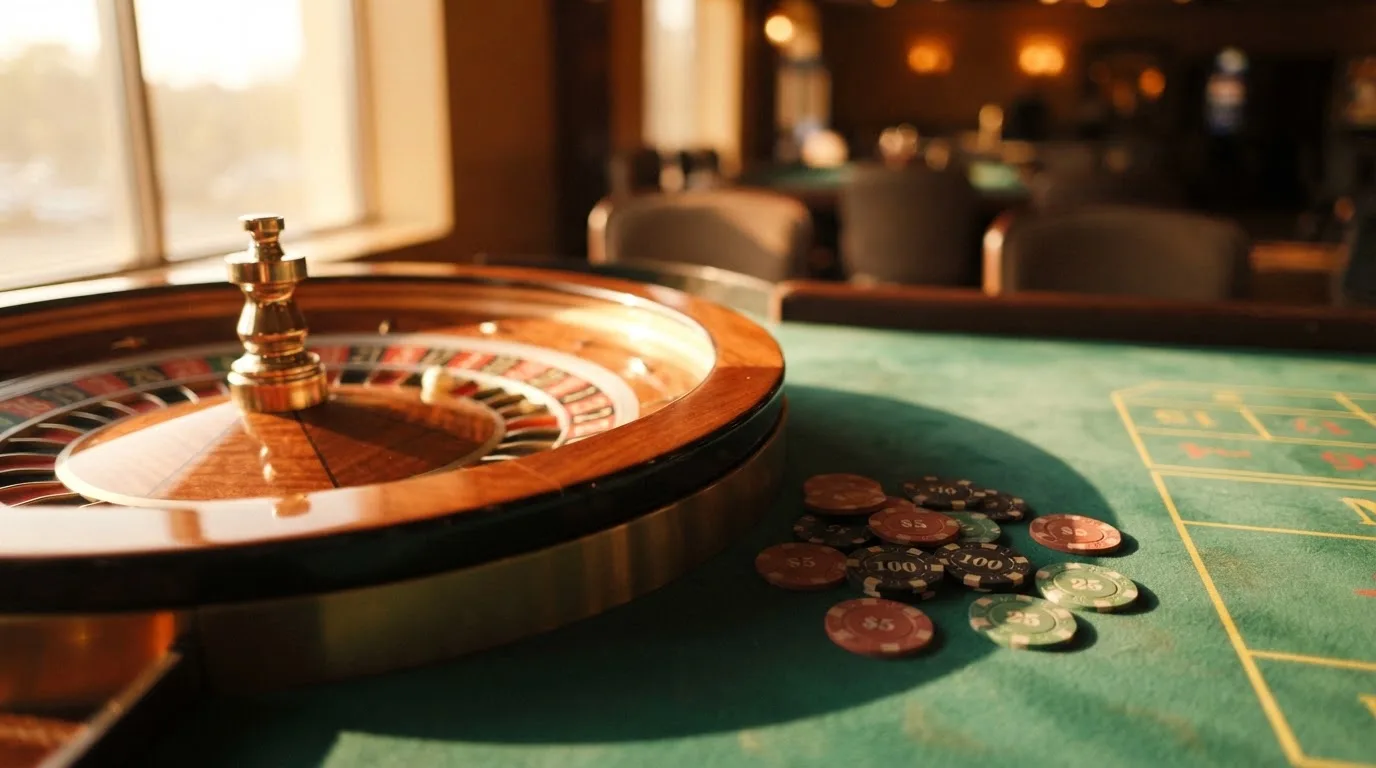 Roda de roleta e fichas sobre feltro verde, sob uma luz quente de fim de tarde — sites de casino para os portugueses