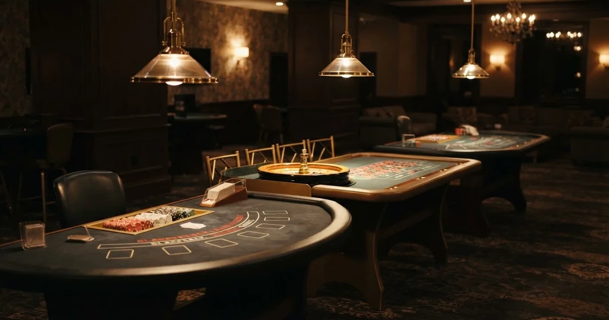 Três mesas de jogo diferentes lado a lado numa sala calma e calorosamente iluminada — sites de casino para os portugueses