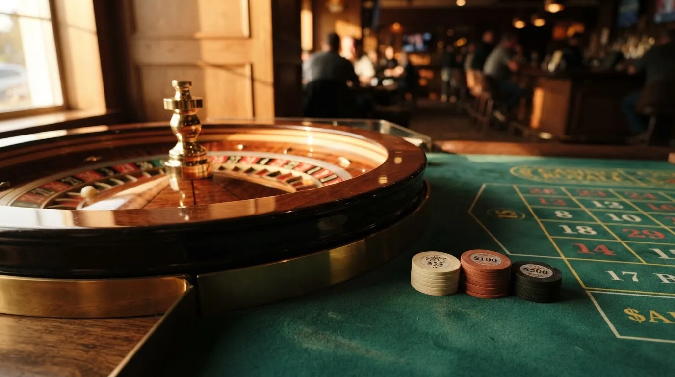 Roda de roleta e fichas sobre feltro verde, sob uma luz quente de fim de tarde — slot machines em portugal