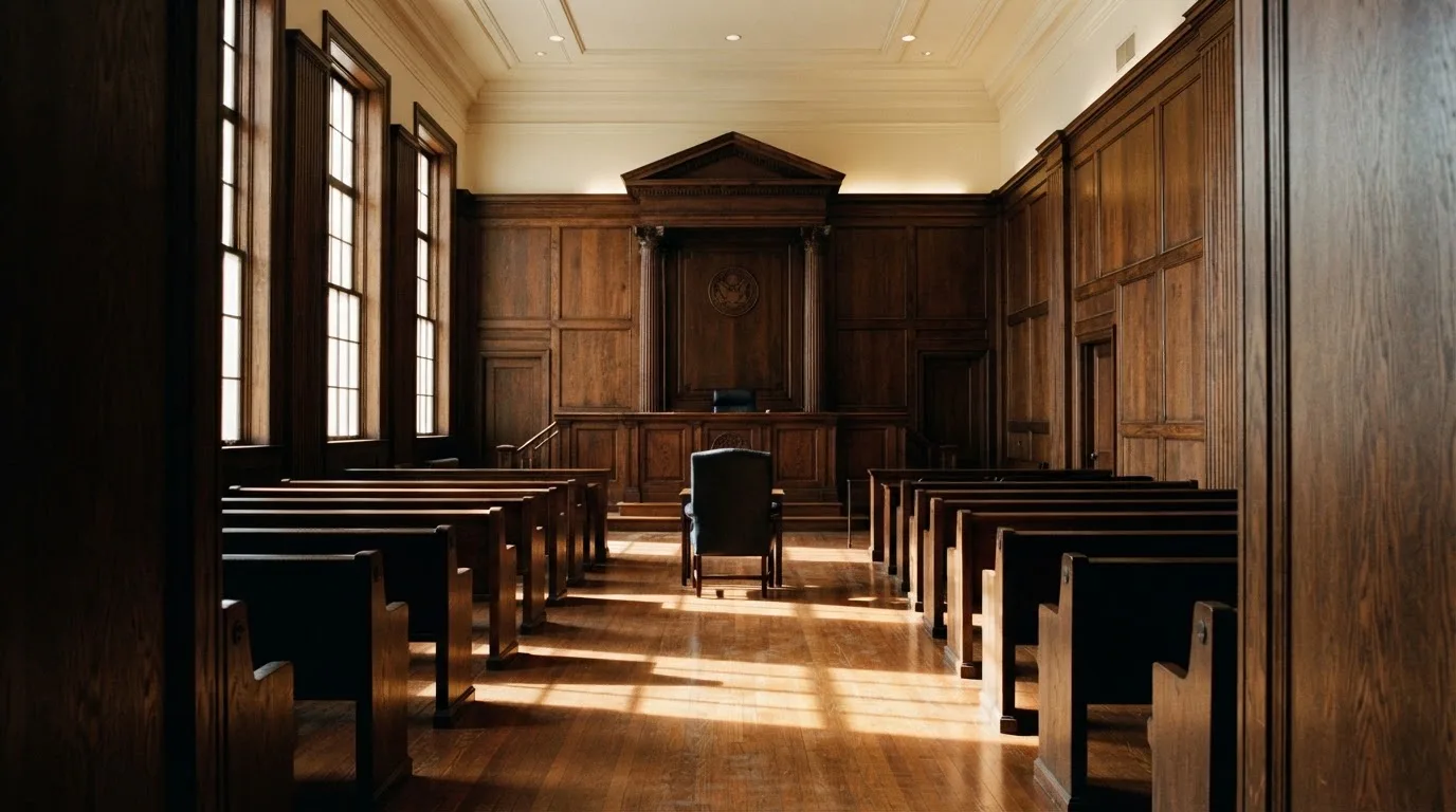 Sala de tribunal vazia com painéis de madeira, à luz da manhã — slots com bonus em portugal