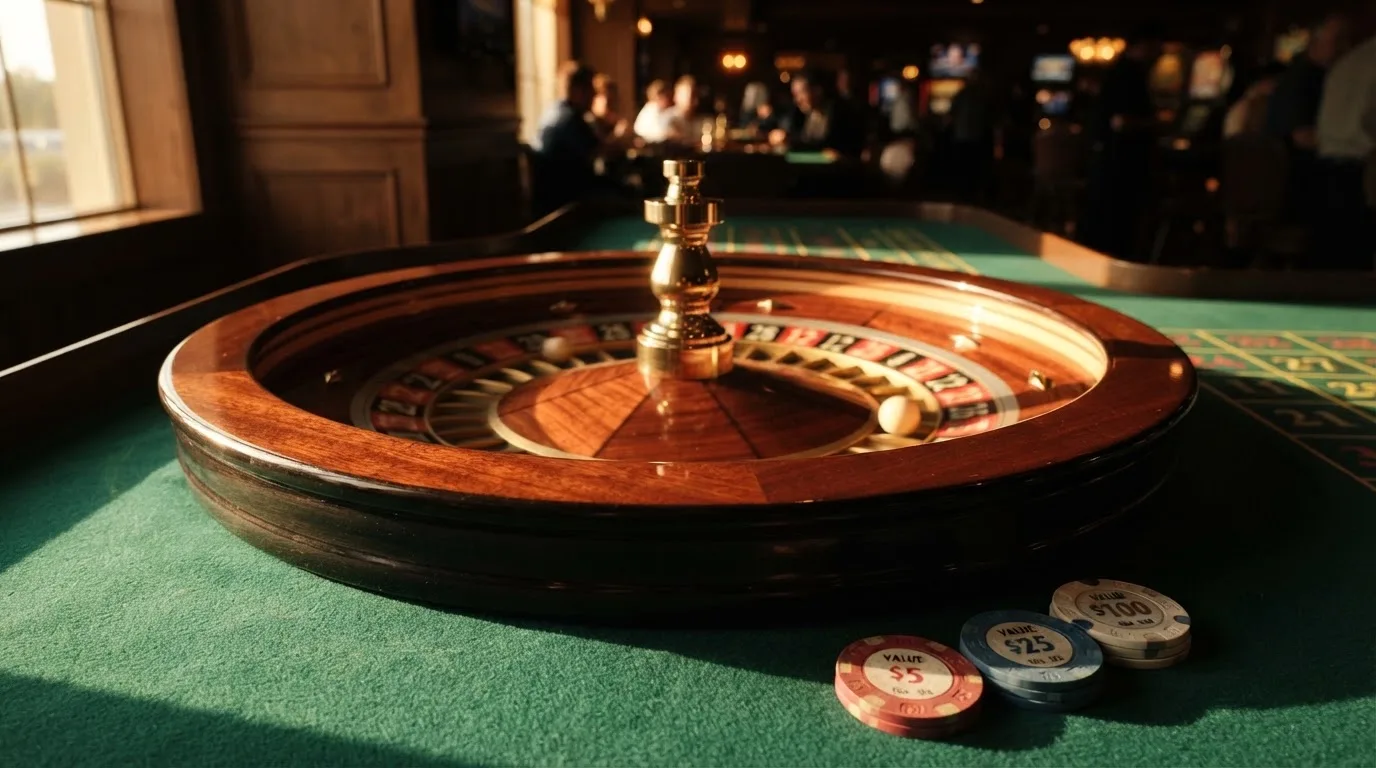 Roda de roleta e fichas sobre feltro verde, sob uma luz quente de fim de tarde — slots com bonus em portugal