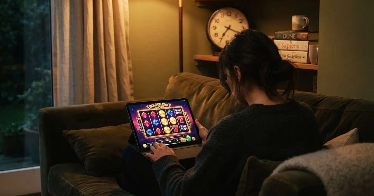 Pessoa num sofá a olhar pensativa para um tablet, com um relógio na parede atrás — slots com bonus em portugal