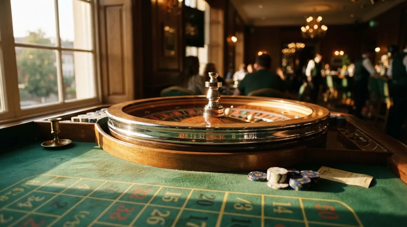 Roda de roleta e fichas sobre feltro verde, sob uma luz quente de fim de tarde — slots demo em portugal