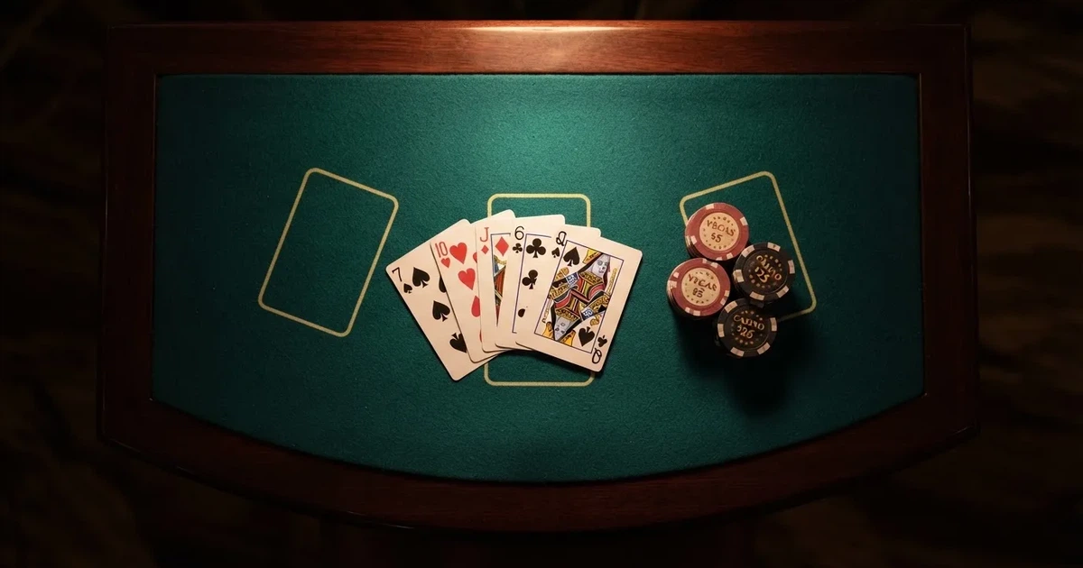 Mesa de jogo iluminada com cartas, vista de cima — slots demo em portugal