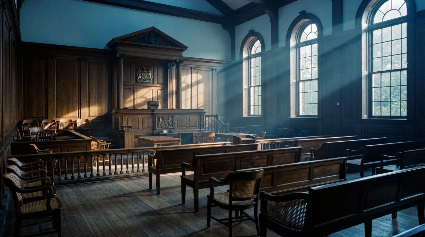 Sala de tribunal vazia com painéis de madeira, à luz da manhã — slots grátis em portugal