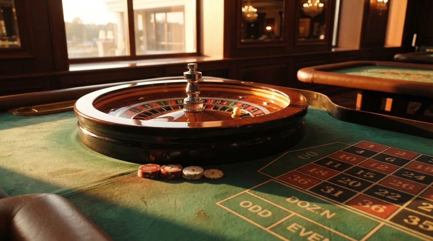 Roda de roleta e fichas sobre feltro verde, sob uma luz quente de fim de tarde — slots grátis em portugal