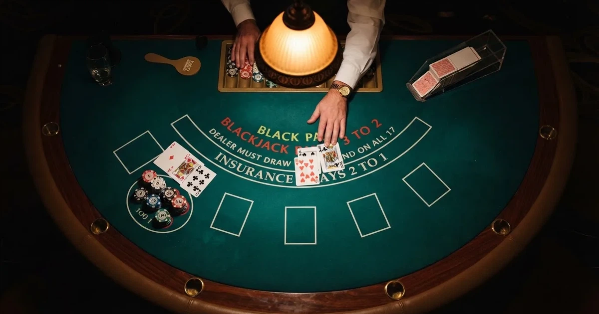 Mesa de jogo iluminada com cartas, vista de cima — slots grátis em portugal