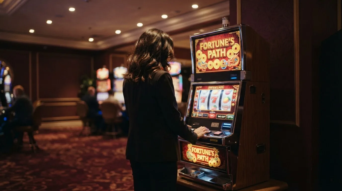 Mulher numa sala de jogos elegante a observar com curiosidade um rolo girar numa máquina, luz ambiente suave.