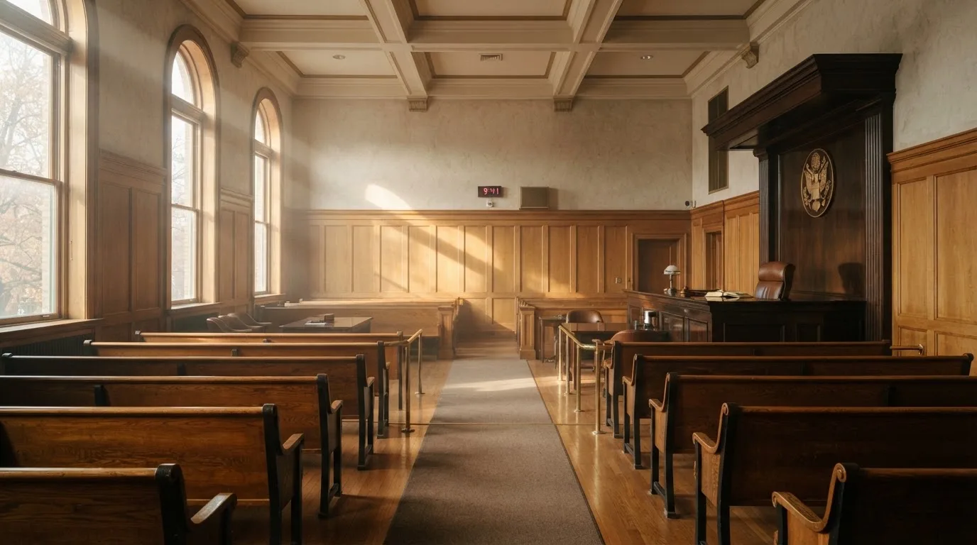 Sala de tribunal vazia com painéis de madeira, à luz da manhã — slots por dinheiro em portugal