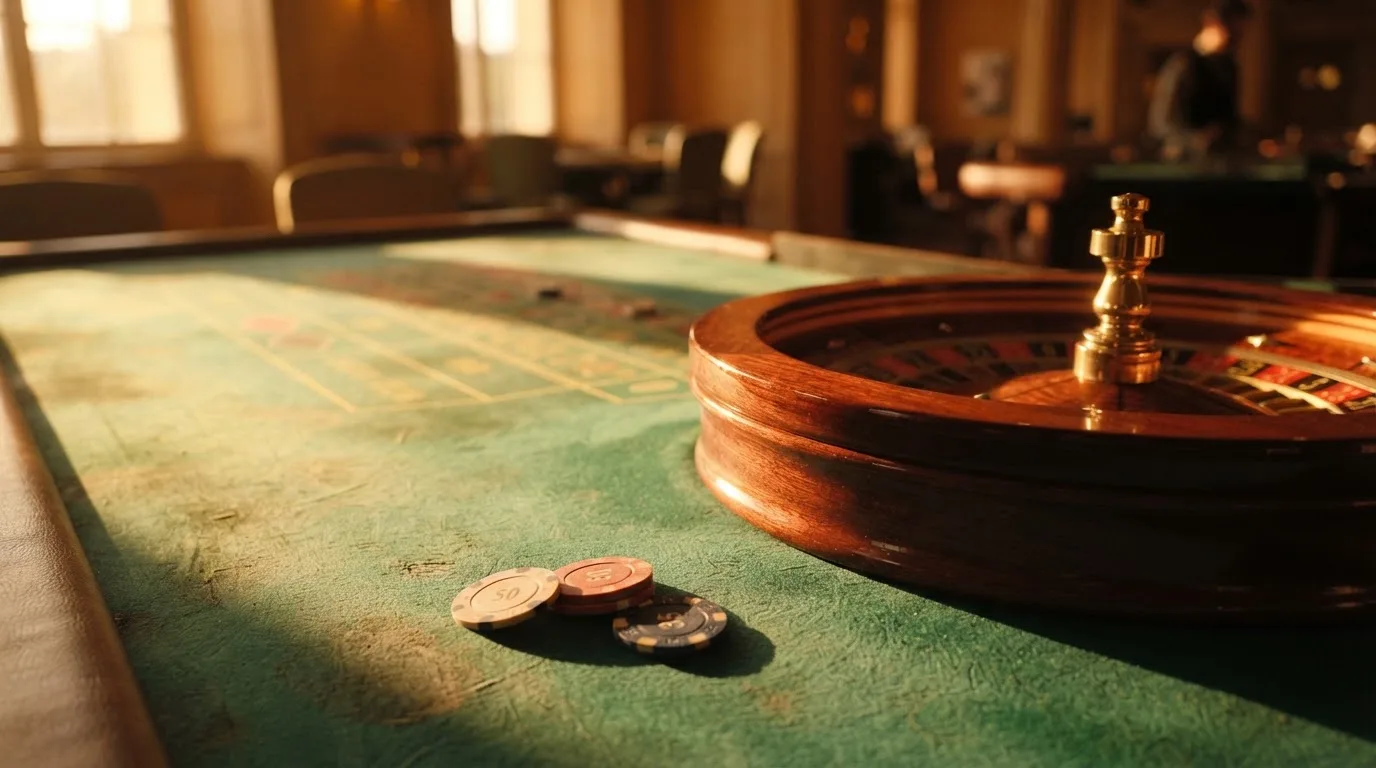 Roda de roleta e fichas sobre feltro verde, sob uma luz quente de fim de tarde — slots por dinheiro em portugal