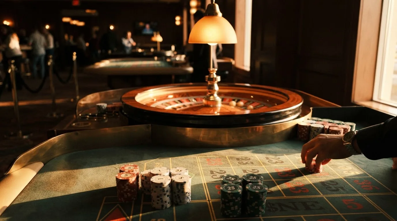 Roda de roleta e fichas sobre feltro verde, sob uma luz quente de fim de tarde — tabelas de blackjack em portugal