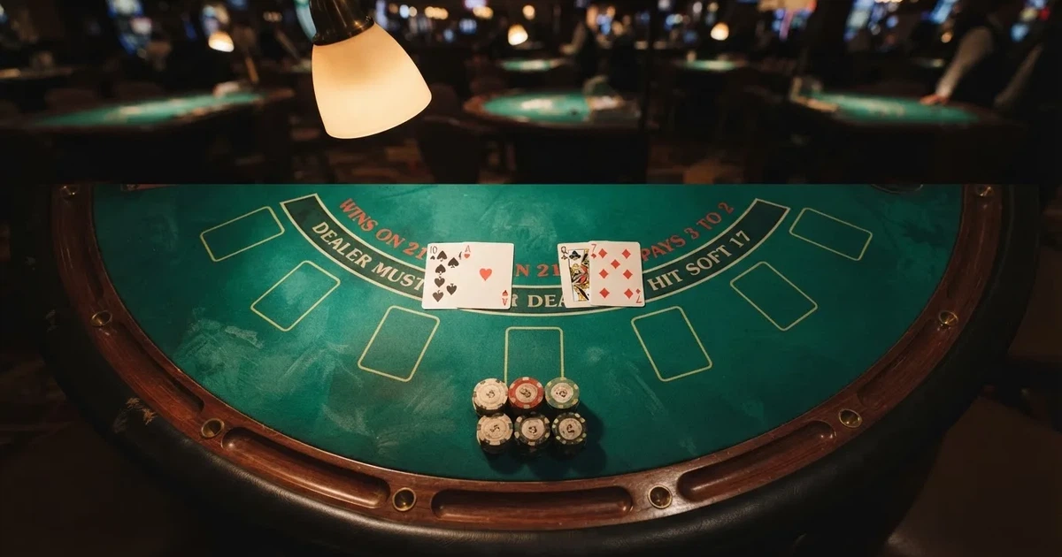 Mesa de jogo iluminada com cartas, vista de cima — tabelas de blackjack em portugal