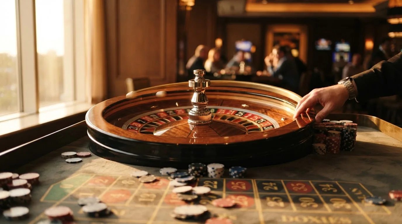 Roda de roleta e fichas sobre feltro verde, sob uma luz quente de fim de tarde — top casinos em portugal