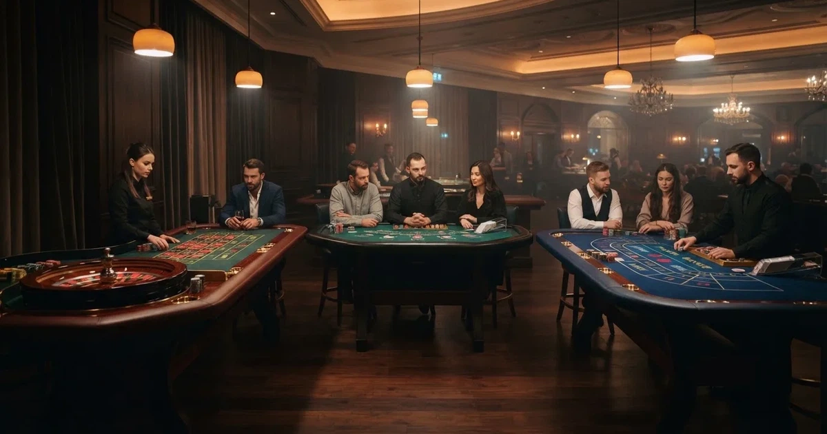 Três mesas de jogo diferentes lado a lado numa sala calma e calorosamente iluminada — top casinos em portugal
