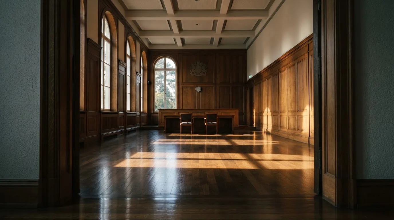 Sala de tribunal vazia com painéis de madeira, à luz da manhã — truques de casino em portugal
