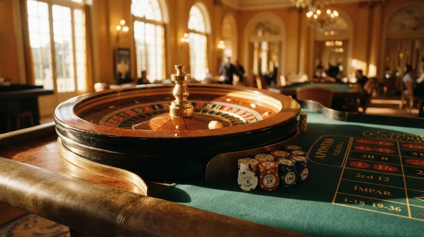 Roda de roleta e fichas sobre feltro verde, sob uma luz quente de fim de tarde — truques de casino em portugal